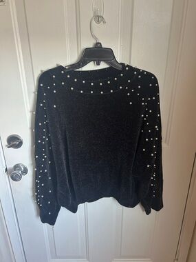 crown & ivy Black Knit Sweater with Pearl Trim